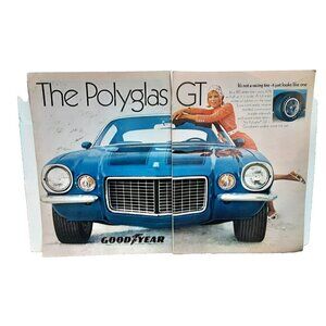 1971 Chevy Camaro Blue with Goodyear Polyglas GT Tires Original Print Ad vintage